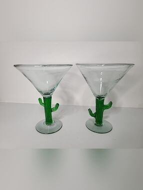 Handblown Mexican Margarita Glasses Set of 2 Green Cactus Stem Barware